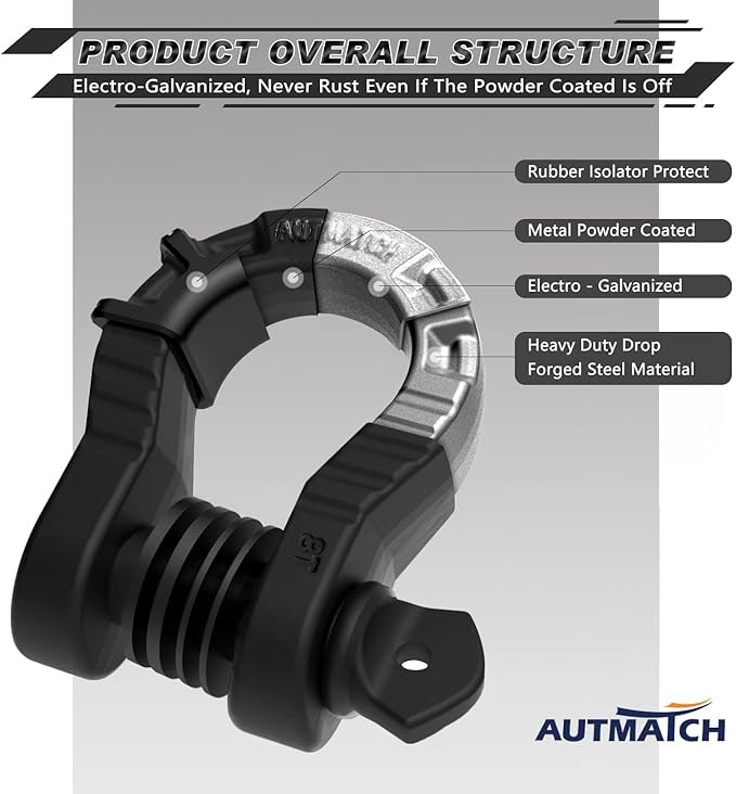 AUTMATCH D Ring Shackles 3/4" Mega Shackle (2 Pack) 68,000Ibs Break Strength - Heavy Duty Clevis Shackles 7/8" Screw Pin & Isolator Washer for Tow Strap Winch Off Road Vehicle Recovery, Matte Black