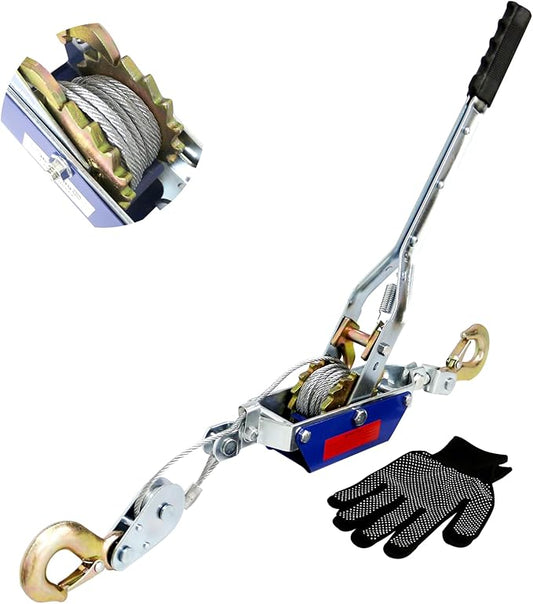 Come Along Winch - 4400 lbs/2T Pulling Capacity,12ft Steel Cable,2 Hooks,Dual Gear Power Puller,Automotive Hoist Cable Puller for Vehicle Rescue,Construction,Farm，Cable Winch Puller with Free Gloves