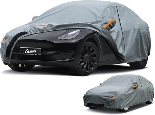 Kayme Heavy Duty Car Cover Waterproof All Weather, Custom Fit for Tesla Model Y, Outdoor SUV Cover with Charging Port and Breathable Ventilation Mesh, Zipper Door Car Cover - Sun and Rain Protection