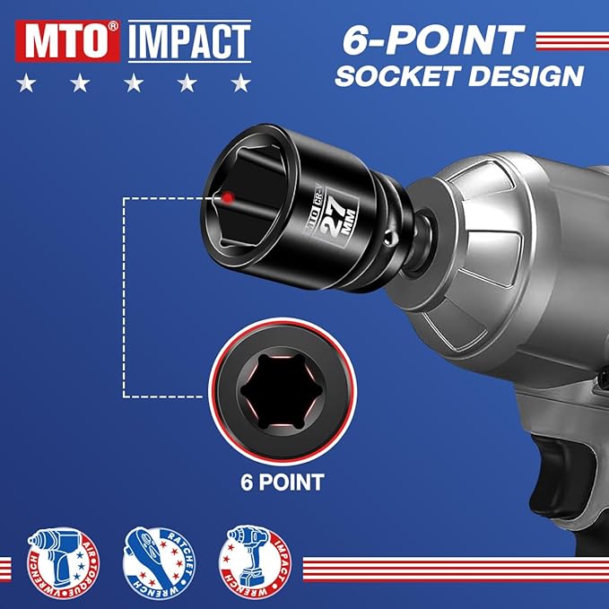 MTO 1/2" Drive 27mm Shallow Impact Socket, 6-Point Metric Socket for Automotive Maintaince, CR-V Steel Meets ANSI Standards