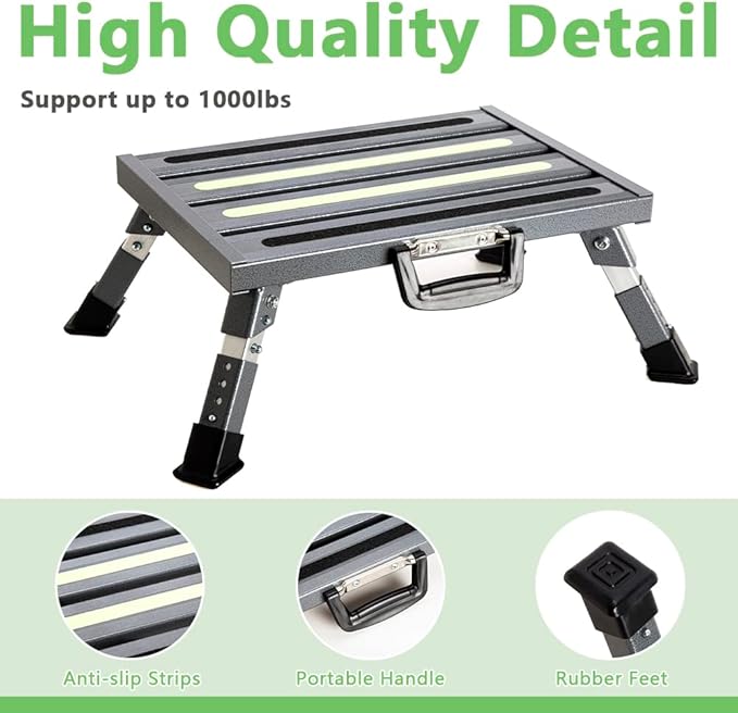 Aluminum RV Steps, 4-Level Adjustable Folding Step Stool with Non-Slip Rubber Feet, Non-Slip Fluorescent Strip Platform Rv Accessories, Supports Up to 1000 lbs - Gray