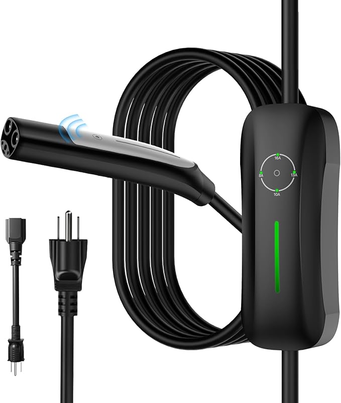 Level 1+2 EV Charger Tesla NACS 16A Mobile Electric Car Charger 110V/240V with NEMA 5-15 Plug and 6-20 Plug 25FT Cable 3.84KW Adjustable 16 Amps Vehicle Charging Stations for Tesla