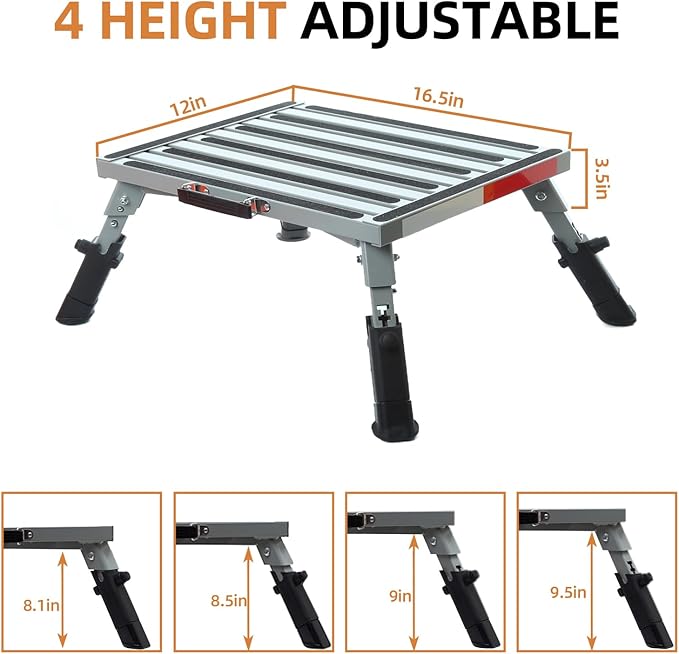 Homeon Wheels RV Step Stool, Adjustable Height Aluminum Folding Platform 16.5" x 12" with Non-Slip Rubber Feet, Reflective Stripe, Handle, RV T Level, 1000 lbs, for Trailer, Truck, Outdoor