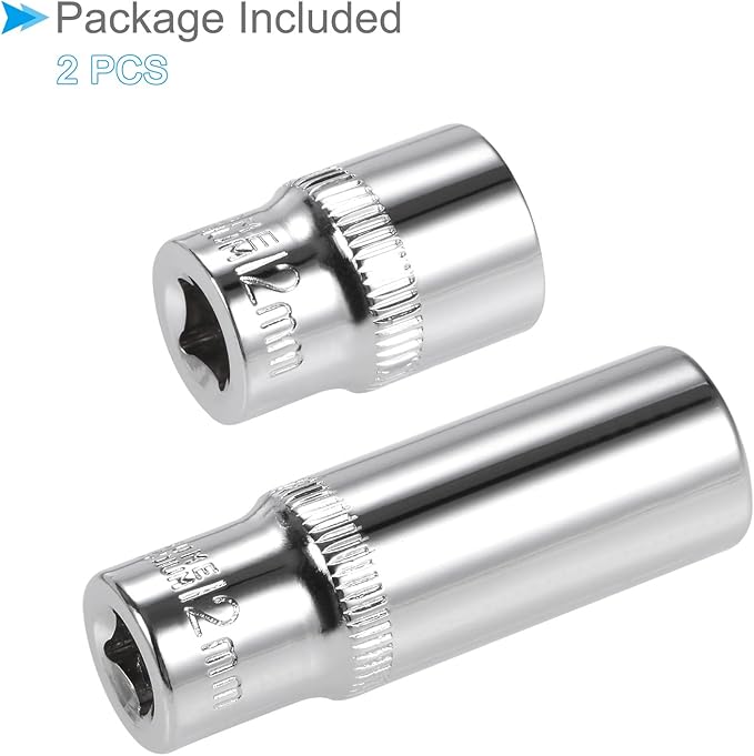 6-Point Socket, 1/4" Drive 12mm Deep, Polished Chromed CR-V Metric Deep and Shallow Impact Socket - (Applications: for Ratchet Torque Electric Wrenches Car Repair), 2-Pieces