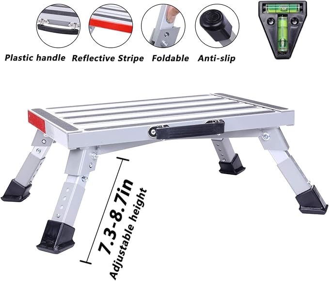 Homeon Wheels RV Step Stool, Adjustable Height Aluminum Folding Platform Step Ladder with Non-Slip Rubber Feet, 1000 lbs Capacity, Heavy Duty RV Steps for Trailer, Truck, Outdoor Use