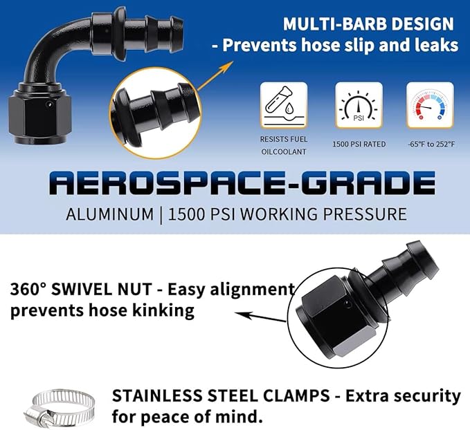 10AN Push Lock Hose Fitting End Kit Straight and 90 Degree Elbow Black Ends with Hose Clamps for Rubber Fuel Line 10PCS