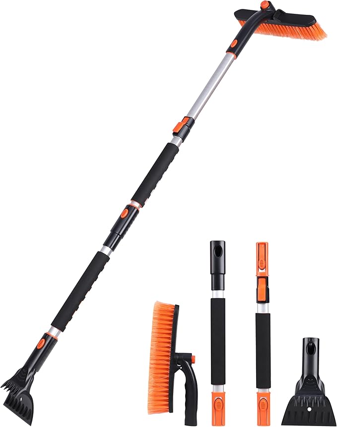 EcoNour 53″ 3 in 1 Extendable Snow Brush with Ice Scraper for Car Windshield | 360° Pivoting Long Snow Brush for SUV, Truck, and Car | Winter Car Accessories