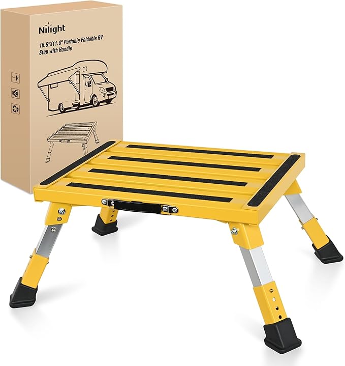 Nilight RV Step Stool Portable Folding Aluminum Platform Steps with Handle 16.5x11.8 Anti-Slip Surface Adjustable Height Step with Rubber Feet Support Up to 500lbs for Camping Travel Trailer (Yellow)