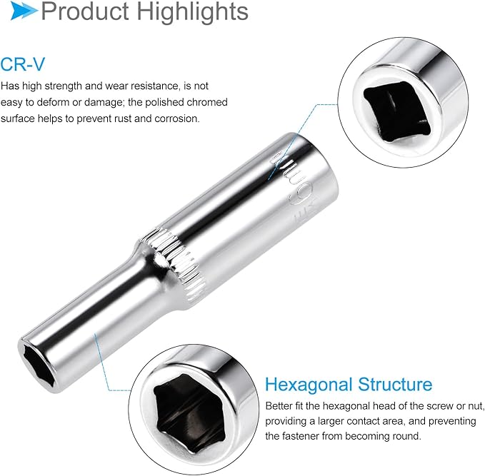 6-Point Socket, 1/4" Drive 6mm Deep, Polished Chromed CR-V Metric Deep and Shallow Impact Socket - (Applications: for Ratchet Torque Electric Wrenches Car Repair), 2-Pieces