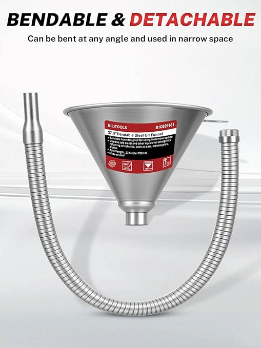 BILITOOLS 26.2" Steel Flexible Oil Funnel with Filter for Automotive Use, Metal Bendable Spout Funnel for Oil Fluids Change, Long Funnels for Transmission Fluid