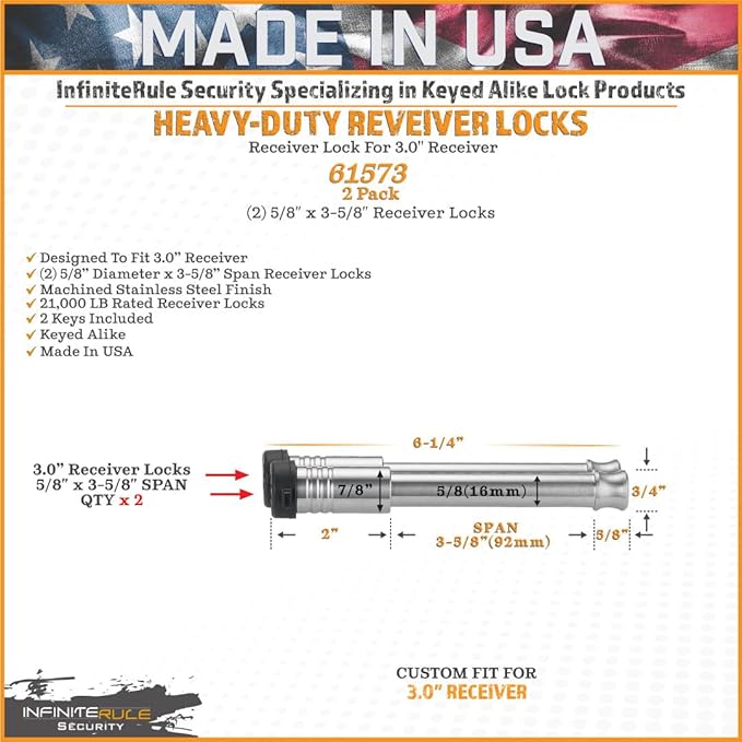 61573 | 2 Pack, Keyed Alike, Receiver Locks for 3" Receiver