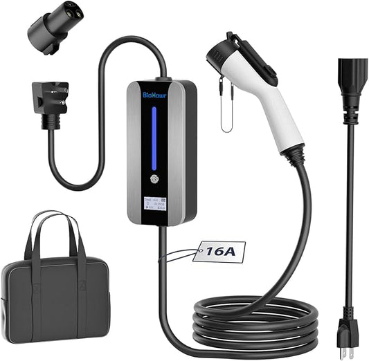 Level 1&2 Electric Vehicle Charger for Tesla and SAE-J1772 EVs, 110V-240V, 16Amp, NEMA 6-20 & NEMA 5-15 Plug, 16.4ft Charging Cable, SAE-J1772 Adapter and J1772 to Tesla Adapter