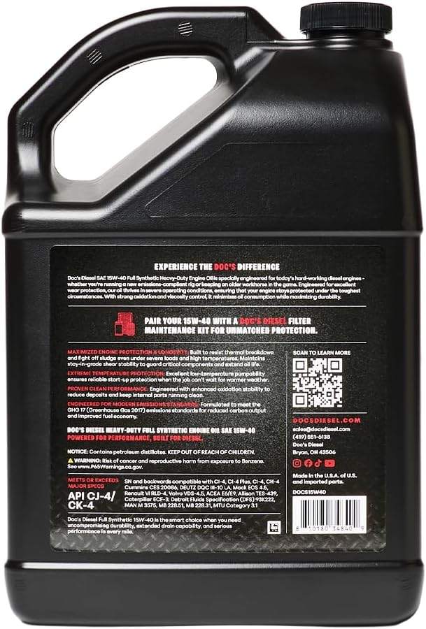 Doc's Diesel 15W-40 Full Synthetic Heavy Duty Diesel Oil DOCS15W40 | 1-Gallon