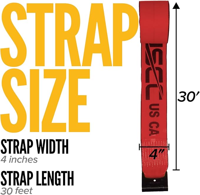 US Cargo Control Winch Straps 4" x 30' (2-Pack), 5,400 LBS Working Load Limit, Heavy Duty Flatbed Tie Downs with Flat Hooks, Red 4 Inch Straps for Flatbed Trailer, Truck, and Cargo Securement
