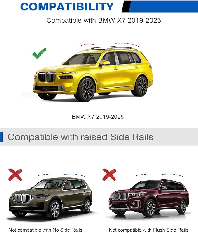 300lbs Roof Rack Cross Bars Compatible with BMW X7 G07 2019-2025 with Raised Side Rails, Heavy Duty Aluminum Lockable Roof Rails Crossbars Cargo
