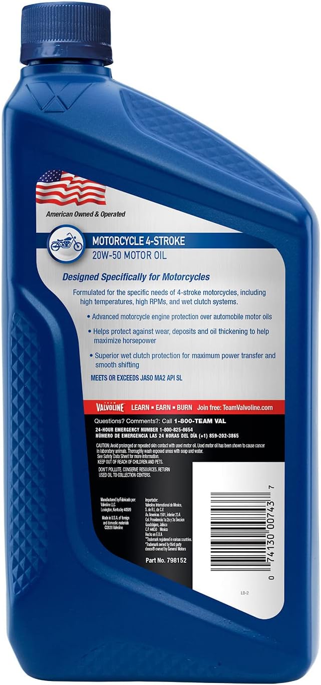 Valvoline 4-Stroke Motorcycle SAE 20W-50 Motor Oil 1 QT (Pack of 4)
