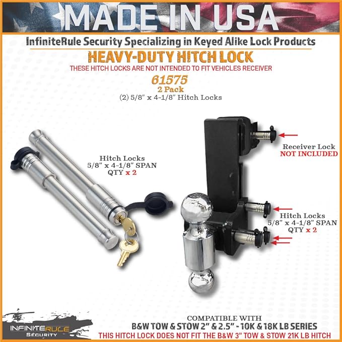 61575 | 2 Pack, Keyed Alike, Hitch Locks for B&W 2" & 2.5" Tow and Stow 10K LB & 18K LB - Fits Adjustable Ball Mount Only - Does NOT FIT Vehicle Receiver