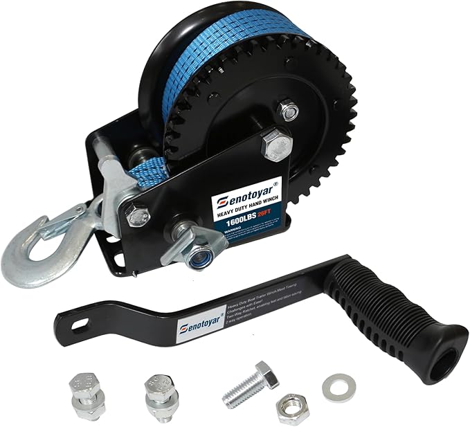 Heavy Duty Boat Trailer Winch,HandCrank Winch 1600lbs Capacity with 26FT Strap,2-Way Ratchet 4:1 Gear Switchable Hand Crank Winch for Boat,Trailer,Truck,RV,ATV and Jet Ski