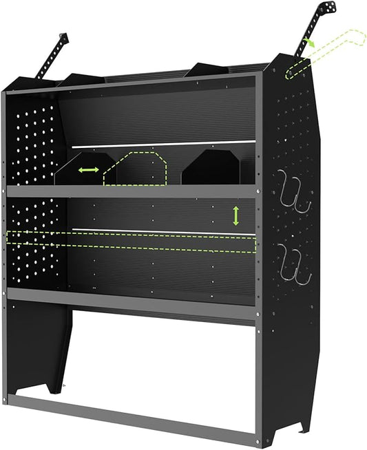 StarONE Cargo Van Shelving Storage Fit for Ford Transit,GMC,Chevy Express,NV,Promaster,Sprinter and Metris w/Hooks,Black,Steel,42" W x 46" H x 13" D