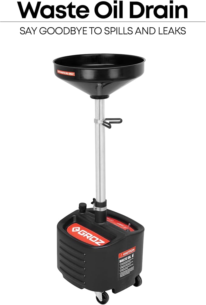 Groz 8 Gallon Waste Oil Drain Pan - Wheeled, Adjustable Height, Spill-Proof Design, Tool Storage (44605)