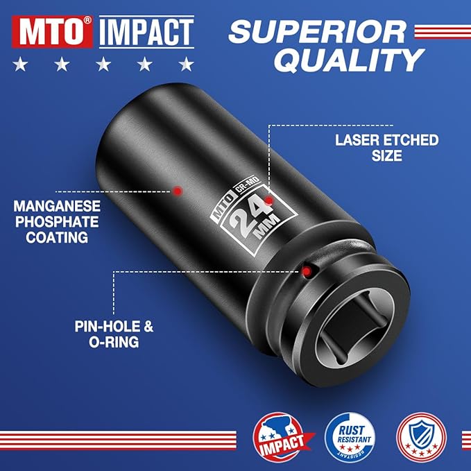 MTO 1/2" Drive 24mm Deep Impact Socket, 6 Pt. Metric Socket, CR-MO Steel & Anti-Corrosion Coating for Heavy-Duty Use