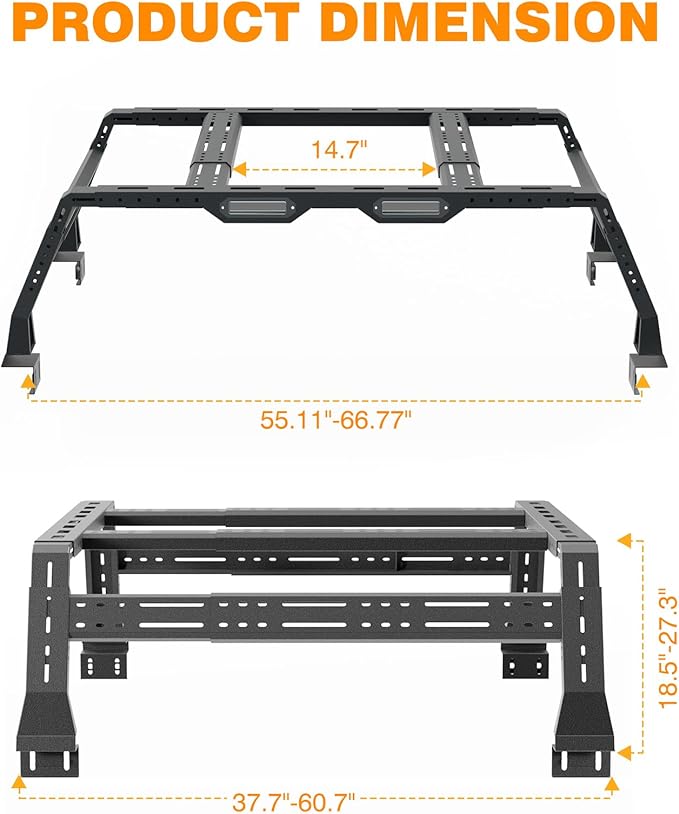 Truck Bed Racks Compatible with Dodge Ram 1500,Tacoma,Tundra,Jeep Gladiator JT, Chevy Silverado,Chevrolet Colorado,Ford Ranger,Frontier,Titan,Ford F-150 & Raptor,Overland Bed Rack for Truck