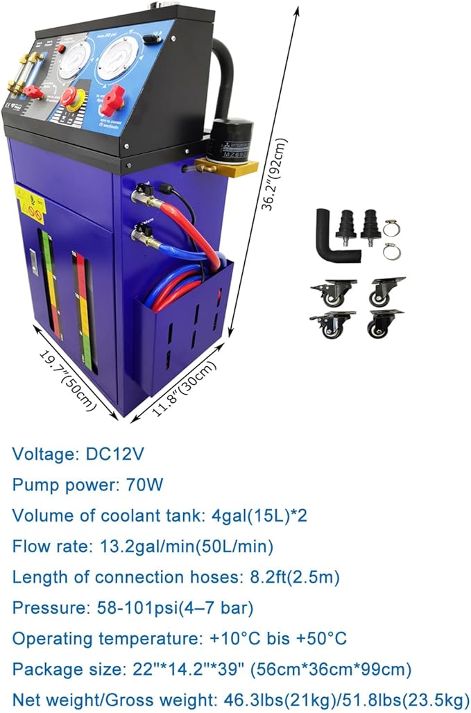Automatic Engine Antifreeze Replacement Machine DC12V 70W Coolant Cleaning Oil Changer with 4galx2 Coolant Tank 58-101psi 13.2gal/min