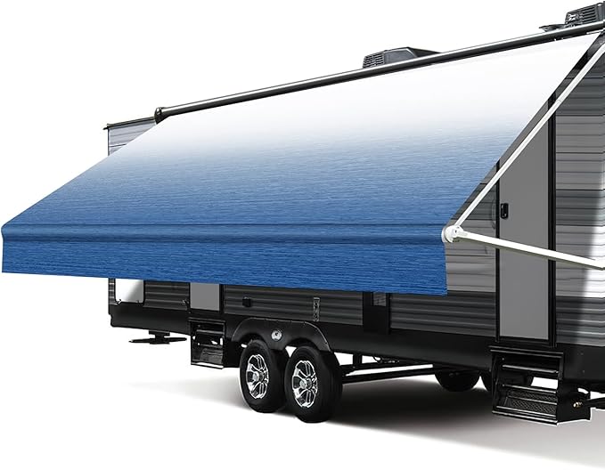 RV Awning Fabric Replacement, 18.5oz Heavy-Duty Weatherproof Vinyl Camper Awning Replacement Universal Outdoor Canopy for RV, Trailer, and Motorhome Awnings-Sapphire Blue Fade-14'(Fabric 13'2")