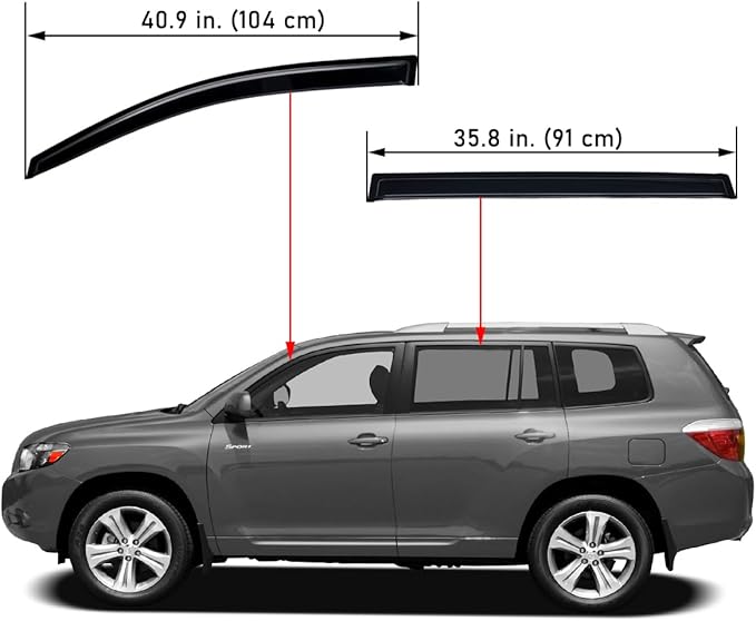 Lightronic Extra Durable Outside-Mount Auto Vent Window Visor, Fits 2008-2013 Toyota Highlander, UV Protection Rain Guard, Original Wind Deflector, No-Drill Easy Install, Dark Smoke, 4-Pcs