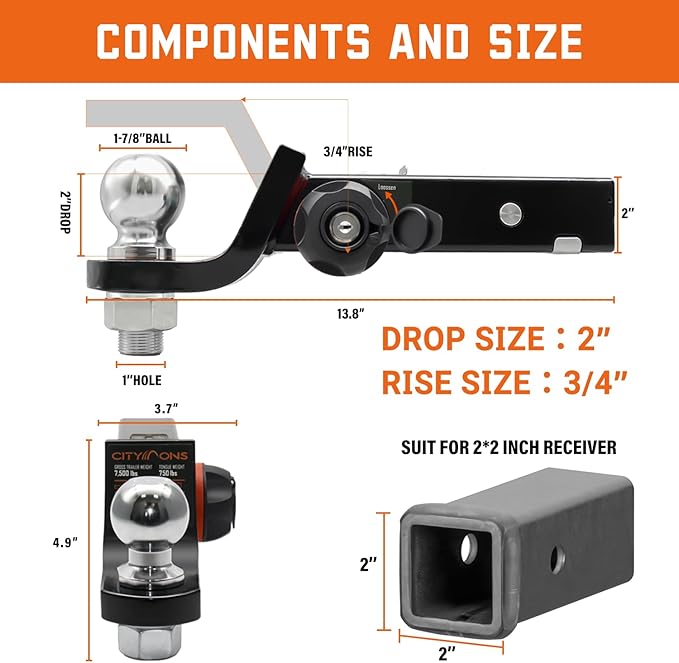 Endo-Hitch Trailer Ball Mount, Reduce Sway Anti-Rattle, 2" Drop Hitch with 1-7/8" Ball for 2" Receiver, Tow Hitch with Lock for Rv/Truck/Yachts/ATV/UTV, 7500 LBS GTW
