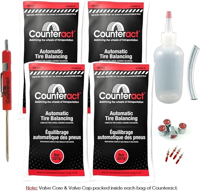 Counteract DIYK-8 Do It Yourself Tire/Wheel Balancing Beads Kit - Off -Road, Light/Medium Duty Truck Tires, (4) 8oz DIY Bead Bags, (4) Valve Caps and Cores, (1) Core Remover, Injector Bottle