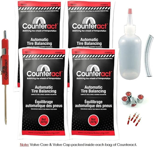 Counteract DIYK-8 Do It Yourself Tire/Wheel Balancing Beads Kit - Off -Road, Light/Medium Duty Truck Tires, (4) 8oz DIY Bead Bags, (4) Valve Caps and Cores, (1) Core Remover, Injector Bottle