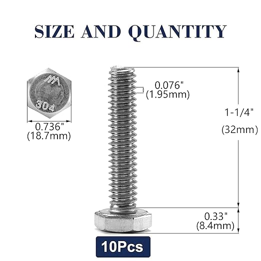1/2-13 x 1-1/4" Hex Head Screw Bolt, 10Pcs 18-8 (304) Stainless Steel, Fully Threaded, Plain Finish, by SG TZH