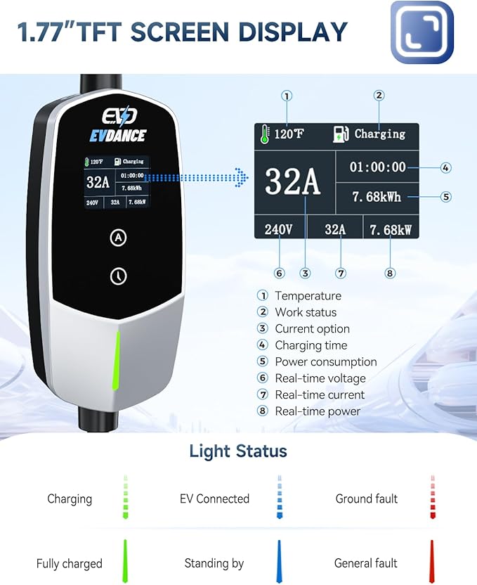 Level 2 EV Charger - Portable 32A EV Chargers NEMA 14-50 with 25ft Cable, Adjustable Current/Delay Charging for Electric Car Charger