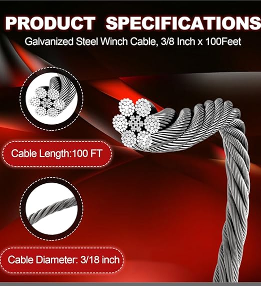 Galvanized Steel Winch Cable,Heavy-Duty 3/8" x 100' Winch Cable with Swivel Hook,17600 Lbs Breaking Strength,6x19 Strand Core Wire Winch Rope for SUV, Tow Truck,Crane,Wrecker