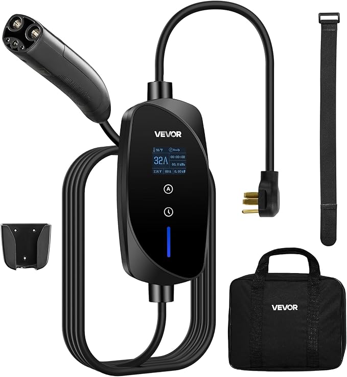VEVOR Level 2 Tesla Charger, 32 Amp Adjustable Current, 240V Portable Home Electric Car EV Charger with 25 ft Charging Cable, NEMA 14-50P Plug, LCD Display, NACS Connector, for Tesla Model Y/X/3/S