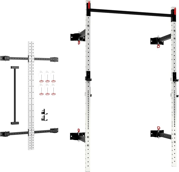 Soozier Folding Squat Rack with Adjustable Pull-Up Bar, 1000 Pounds Capacity Wall Mounted Power Rack, Adjustable Barbell Rack with J Hooks for Home Gym Full Body Workout