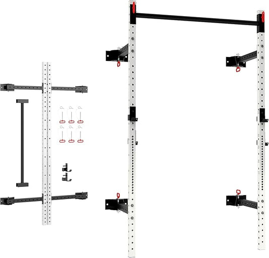 Soozier Folding Squat Rack with Adjustable Pull-Up Bar, 1000 Pounds Capacity Wall Mounted Power Rack, Adjustable Barbell Rack with J Hooks for Home Gym Full Body Workout
