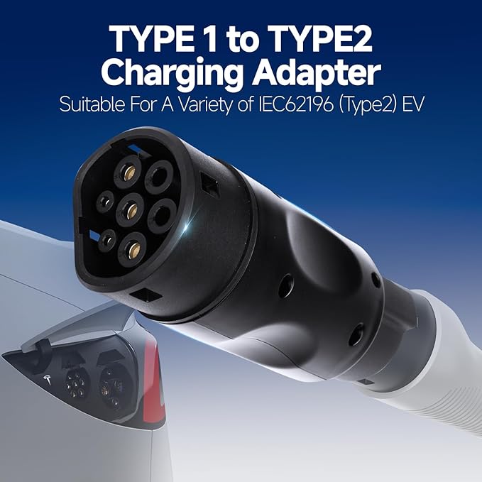 EV Charger Connector Type 1 to Type 2 Adapter Fit for Tesla Model Y, 3, S, X, Compatible with Electric Vehicle Charging Adapter SAE j1772 to IEC62196