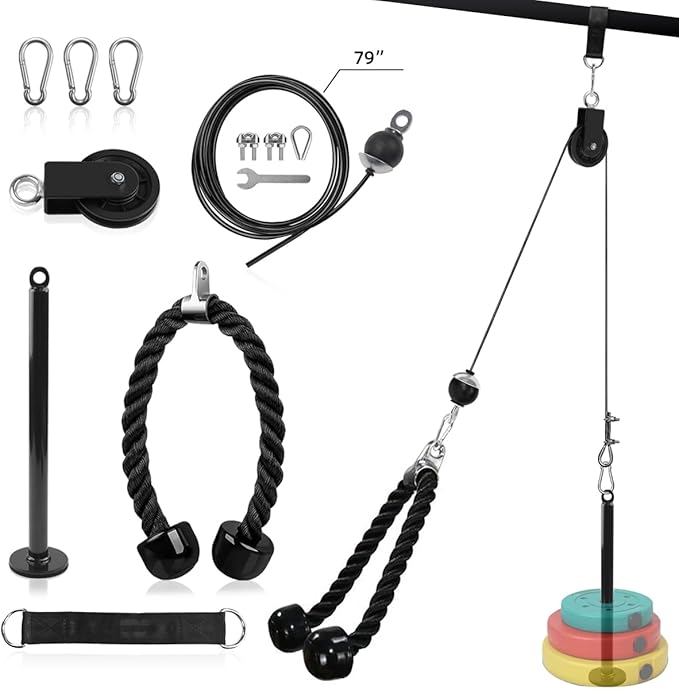 LAT and Lift Pulley System, Weight Cable Machine for Power Cage & Squat Rack, LAT Pulldown Attachments for Triceps Pull Down, Biceps Curl, Back & Forearm Workouts - Home Gym Equipment
