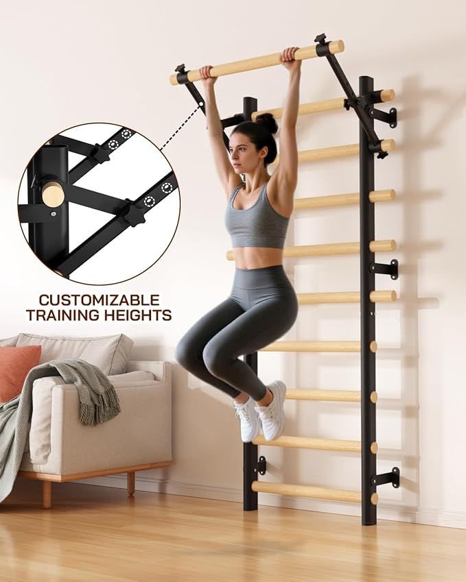 Swedish Ladder Wall Gym, Wooden Wall-Mounted Stall Bars with Pull-up Bar & Exercise Straps & Dip Bars, Stretching Ladder Full Body Home Gym for Adults