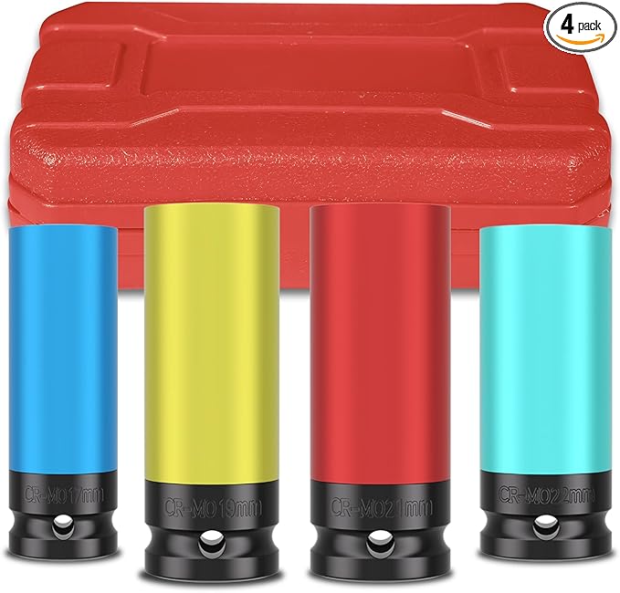 1/2" Drive Wheel Protector Impact Socket,4 PCS Metric Size 17-19-21-22mm,Non-Marring Lug Nut Thin Wall Deep Socket Set, CR-MO, 6 Point, Color-Coded Protective Socket