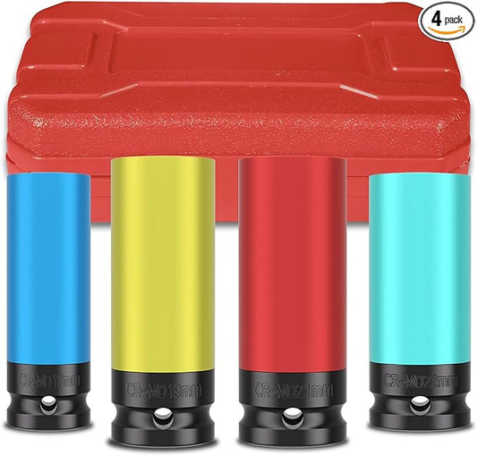 1/2" Drive Wheel Protector Impact Socket,4 PCS Metric Size 17-19-21-22mm,Non-Marring Lug Nut Thin Wall Deep Socket Set, CR-MO, 6 Point, Color-Coded Protective Socket