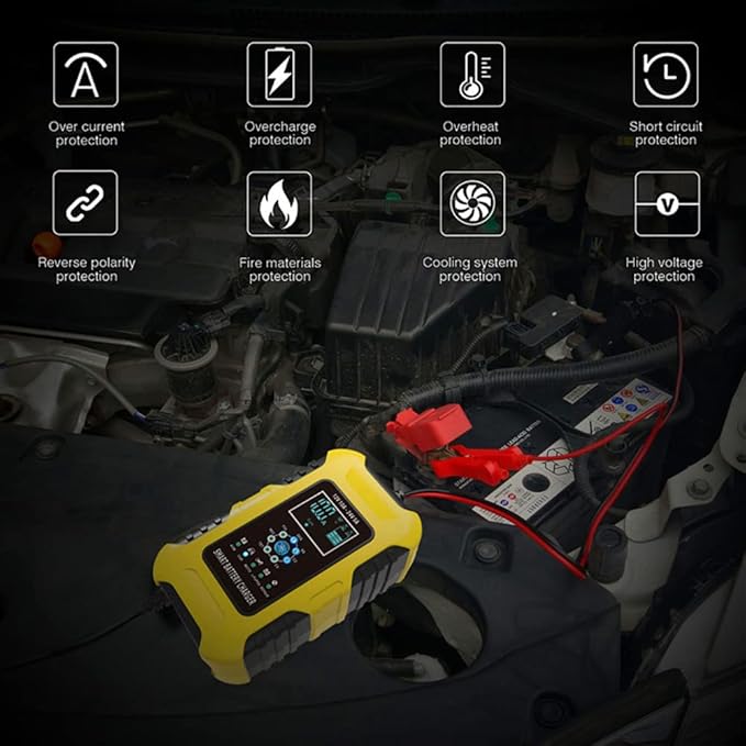12V/24V 10-Amp Car Battery Quick Charger for Wet/GEL/SLA/LiFePO4/Lead-Acid/AGM Batteries, 7-Stage Multifunctional Battery Charger/Maintainer, for ATVs/Golf Cart/Motorcycle/Automobile/Marine etc