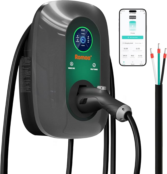 Level 2 EV Charger Hardwired 48 Amp J1772 Charger - 240V Home EV Charging Station - ETL Listed, FCC Part 15 - NEMA Type 4 IP66 - App WiFi Smart Display, 25 ft, 4.3 inch LCD, Gray