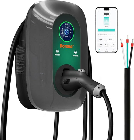 Level 2 EV Charger Hardwired 48 Amp J1772 Charger - 240V Home EV Charging Station - ETL Listed, FCC Part 15 - NEMA Type 4 IP66 - App WiFi Smart Display, 25 ft, 4.3 inch LCD, Gray