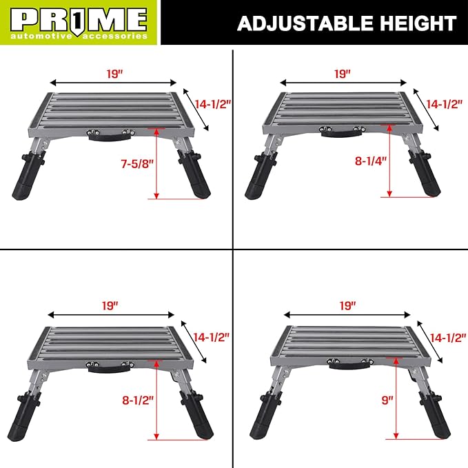 Prime 1 Safety RV Steps Extra Large Platform 19in x 14.5in Extra Size RV Folding Step Stool and Ladder, 600lbs, Height Adjustable, Aluminium with Reflective Stripe, Anti-Slip Surface and Extra Grip