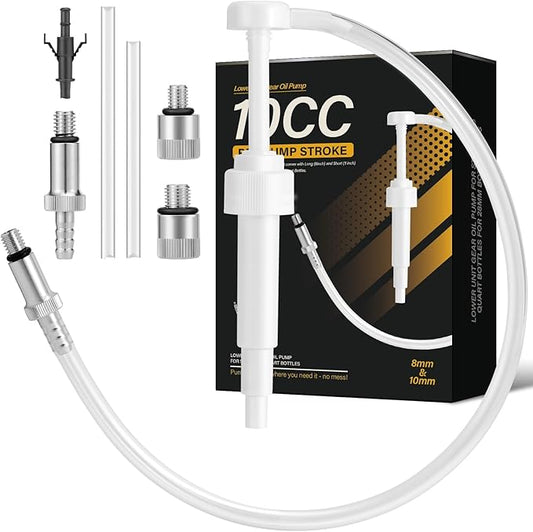 Lower Unit Gear Oil Pump for Standard Quart Bottles for 28mm bottle caps，10CC Per Pump Stroke，gear oil pump for quart bottle 3/8 inch Metal Swivel， 8mm and 10mm， 3rd Hand Adapter and 19 inch hose