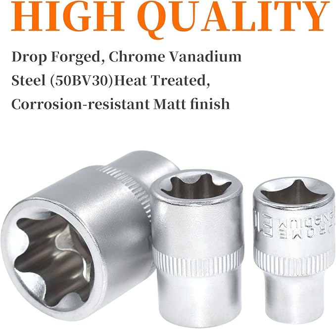 E-Torx Socket Set, 14 Piece Female E-Torx Star Socket Set, 1/4" 3/8" 1/2" Drive, E4 to E24 External Torque E Socket Set, 14pcs Star Socket Kit