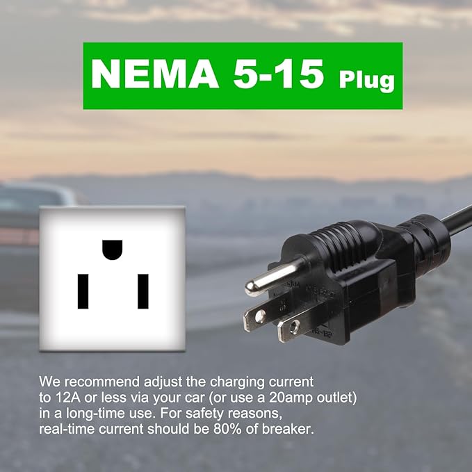 15A EV Charger Level 1 NEMA5-15P ev Charging Cable 100V-120V Portable EVSE SAE J1772 Plug Home Electric Vehicle Charging Station Compatible with All EV Cars 6m (20 feet)